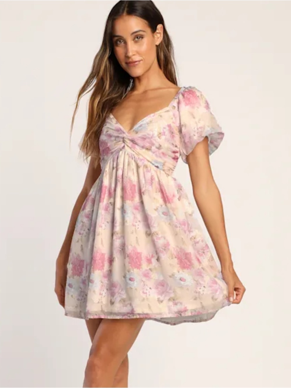Lulus Fresh Florals Cream Lined Mini Dress - Elegant Short Sleeve Size M